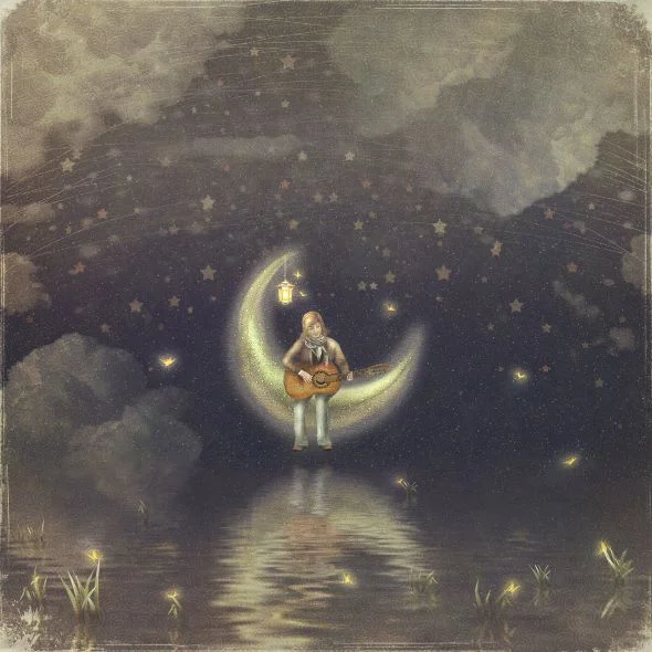 A boy playing guitar sitting on the moon